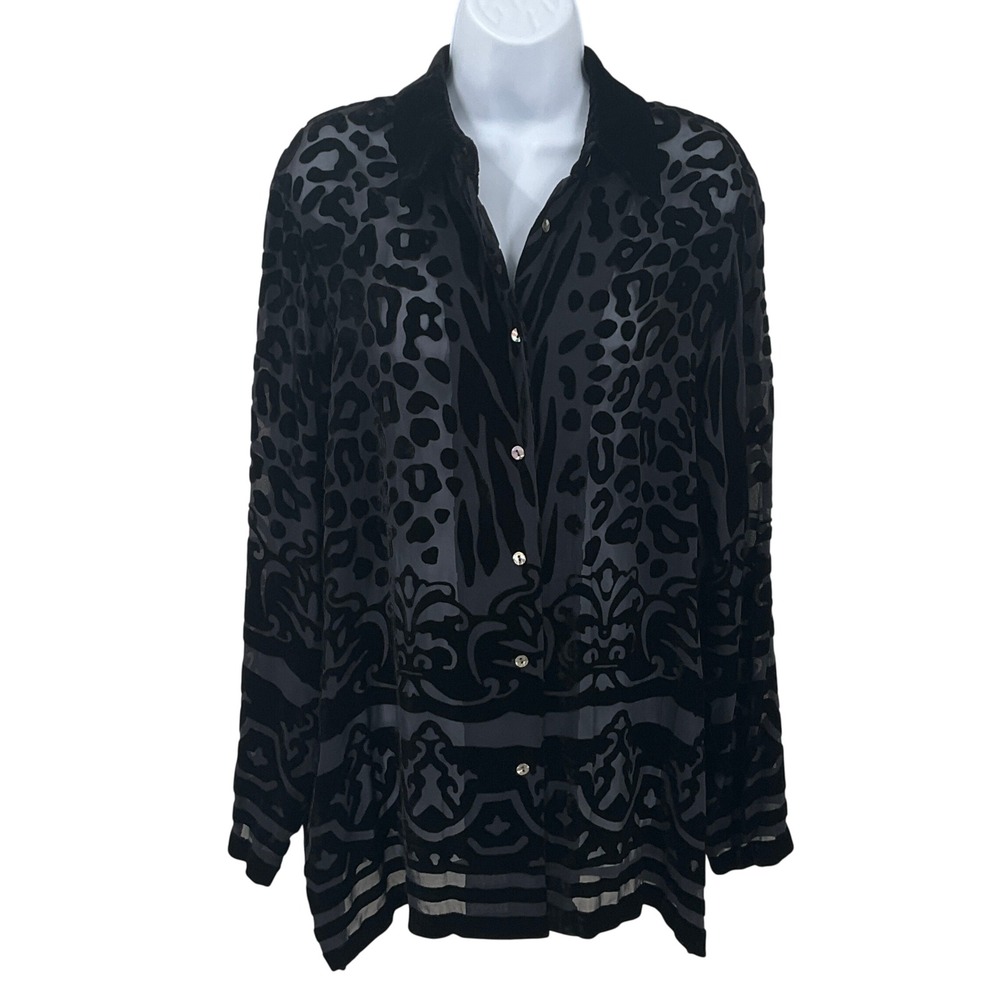 Womens Button Up Shirt Sz 12 Black Silk Blend Burnout Velvet Mob Wife Gothic 90s